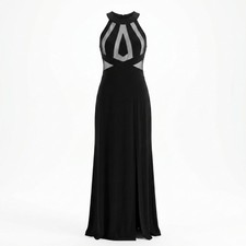 Nightway Black Geometric Mesh Insert Halter Evening Gown Size 8P EUC