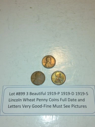 Lot #899 3 Beautiful Lincoln Wheats 1919-P 1919-D 1919-S VG-F-VF See Pictures