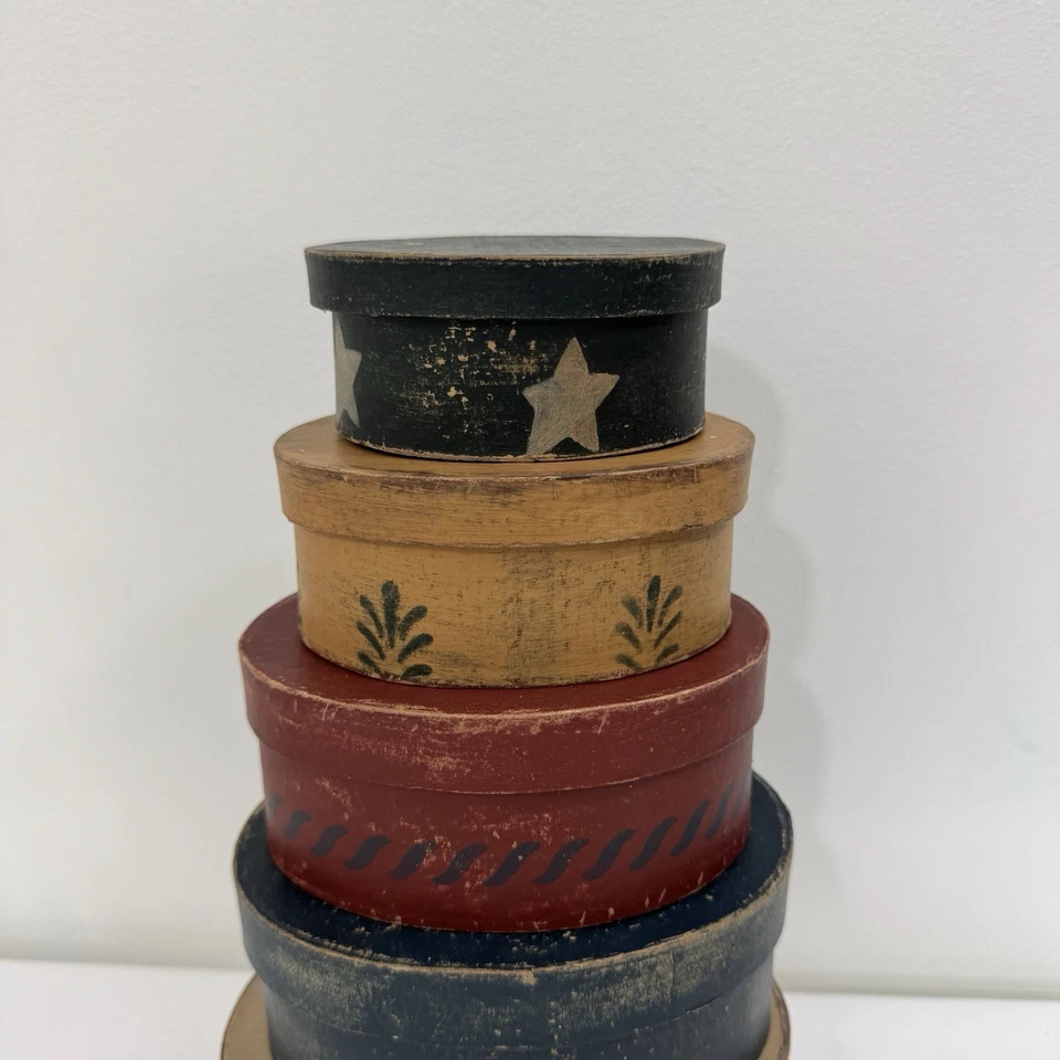 Primitive Cardboard Oval Nesting Boxes Set of 5 With Lids - Image 2 of 4