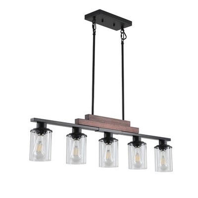 37'' Pendant Light Farmhouse Wood Black Chandelier Ceiling w Glass Shade Fixture