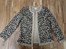 Chico's Sz 1 Funky Art Glam Gold Reversible Quilted Animal Print Open Jacket