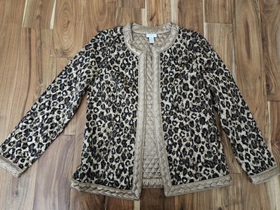 Chico's Sz 1 Funky Art Glam Gold Reversible Quilted Animal Print Open Jacket