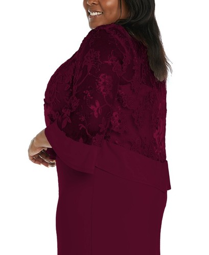 R&M Richards Women's Plus Size Boat-Neck Dress & Lace Jacket (Merlot, 18W) - Picture 3 of 5