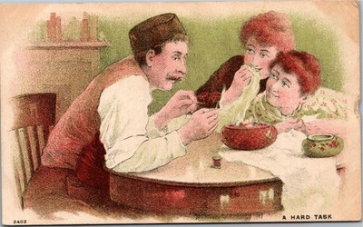 Postcard Comic A Hard Task Man threading needle 1909 Hazelton California