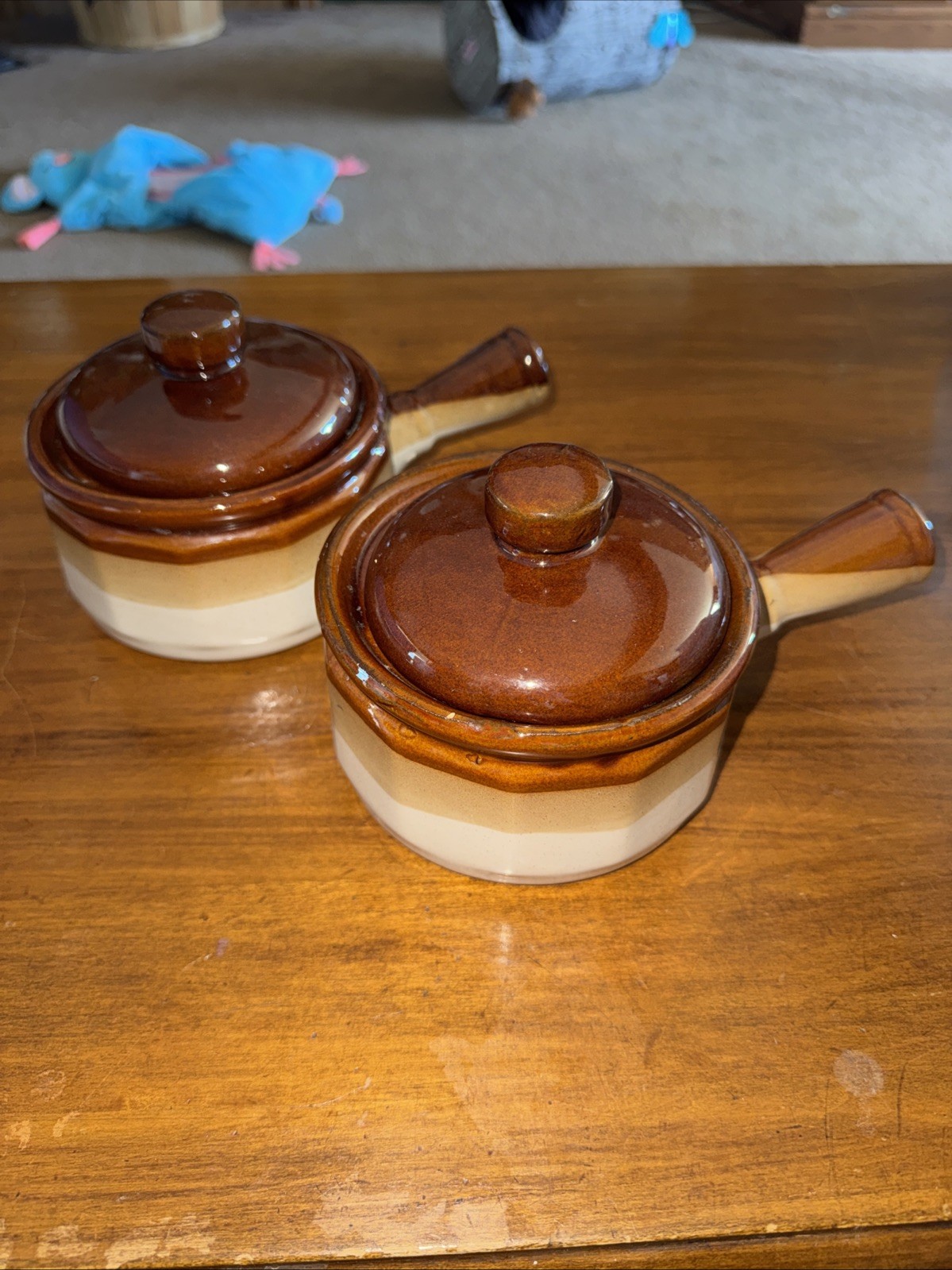 2 Vintage Brown Glazed French Onion Soup Crocks with Lids Handled Ceramic Bowls