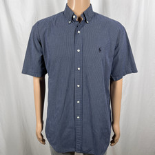 Vintage Ralph Lauren Men's Medium Navy Blue Check Short Sleeve Button-Up Shirt