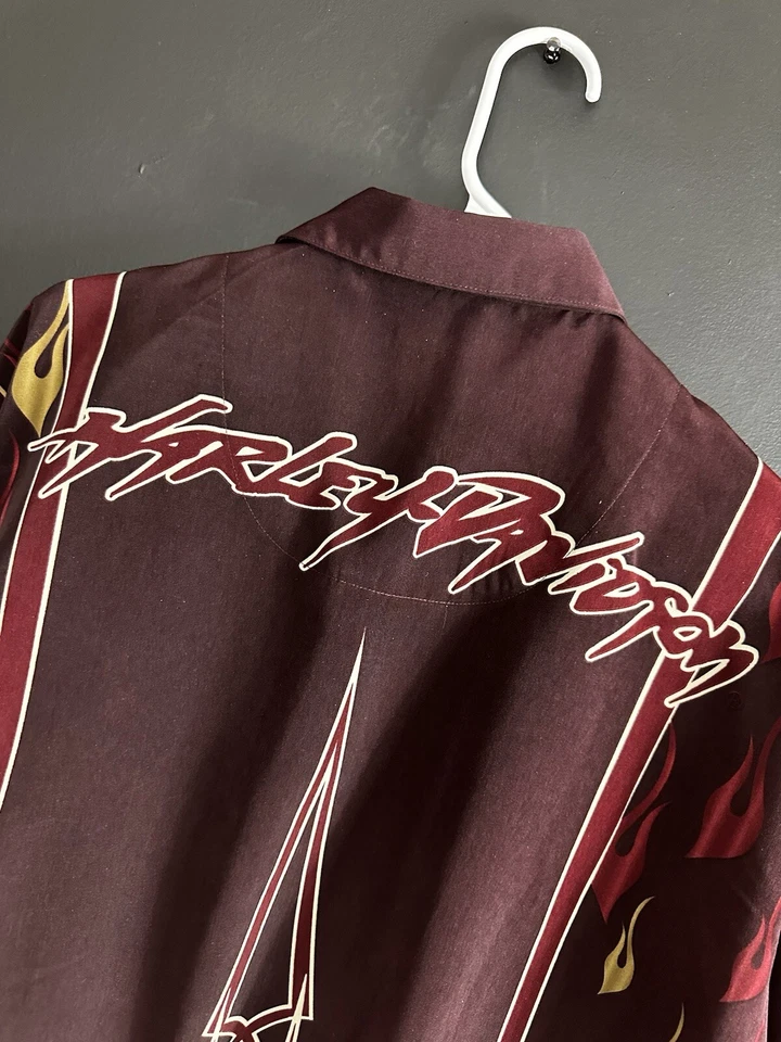 Camisa de Colección Harley Davidson Botón Tribal Para Hombre Grande L Roja Llama Hawaiana Foto 4 de 4