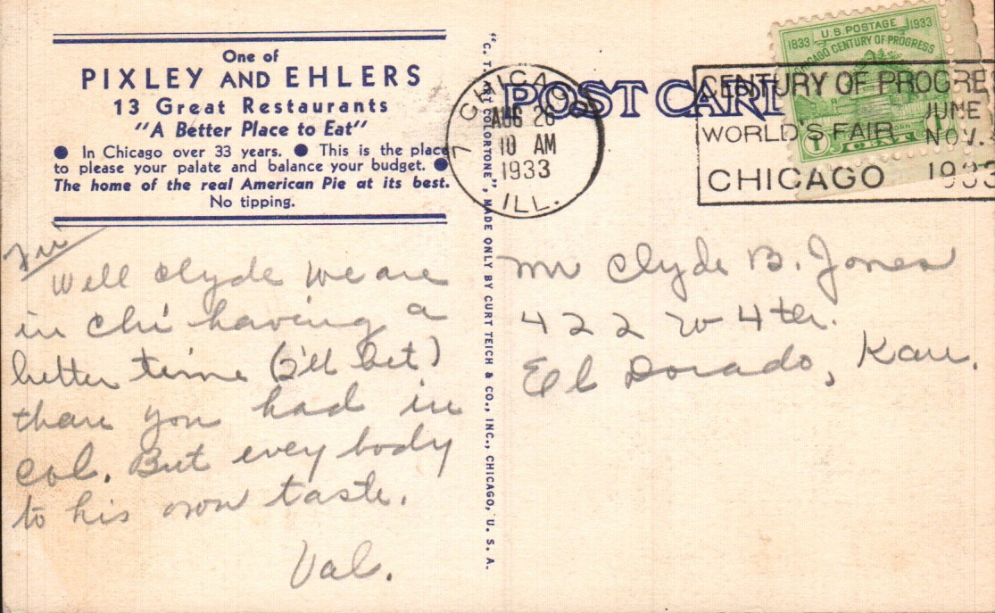 Chicago, IL, Pixley and Ehlers Restaurant, Interior, c1933 Postcard