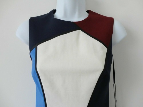 NUEVO CON ETIQUETAS ESCADA Vestido Dratta Azul Multi Lana Virgen Medianoche Cuello Redondo Sin Mangas 32 - Imagen 3 de 9