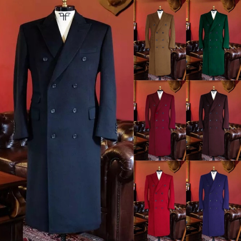 Wool Men Long Overcoat Double-breasted Peak Lapel Fromal Winter Outdoor Jackets