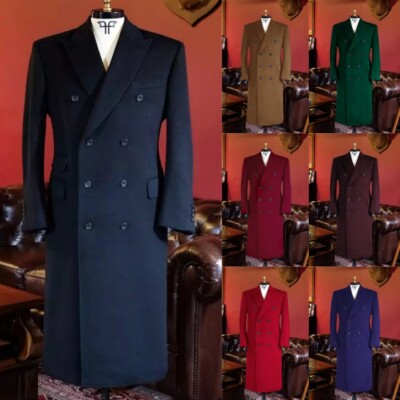 Wool Men Long Overcoat Double-breasted Peak Lapel Fromal Winter Outdoor Jackets