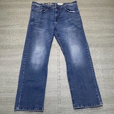 TK Axel Jeans Boot Cut Slim Blue Mens 36x29 Stretch Denim Pants Whiskering Paint
