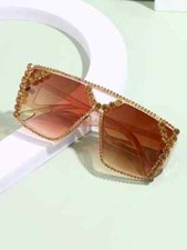 Sunglasses  Brown Square Rhinestone 100 UV Protection Sunglasses w/Case Cloth  