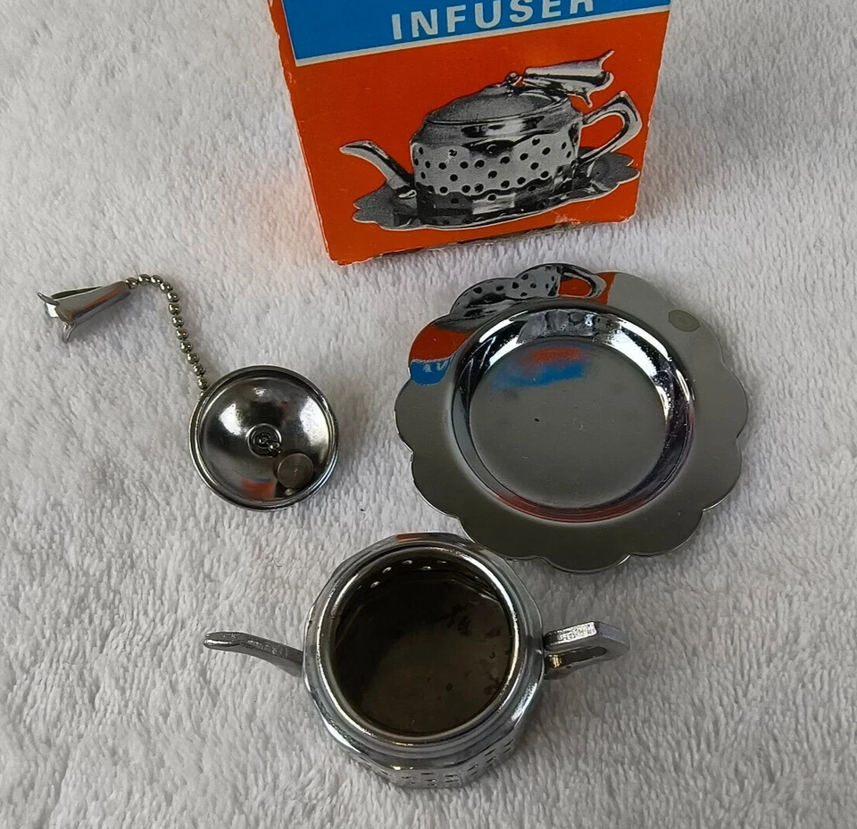 Tetera infusora de té vintage de metal de 3 piezas con caja Hong Kong Lillian Vernon Foto 2 de 3