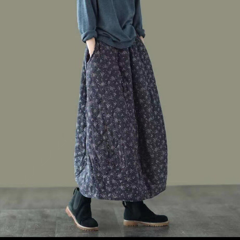 Women's Fall Winter Cotton Quilted A Line Long Maxi Skirts Ethnic Floral Student