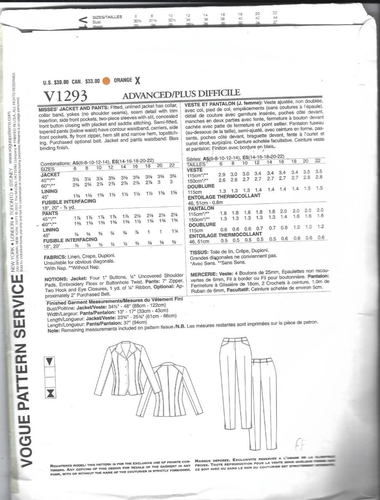 Vogue Designer Sewing Pattern 1293, Anne Klein Jacket & Pants, Size 6 - 14 Uncut - Picture 3 of 3