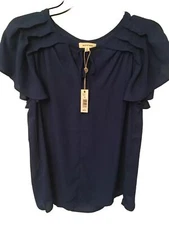 NEW Max Studio Blouse Royal Blue Short Sleeve Ruffle Tie Neck Top $88 Size S NWT