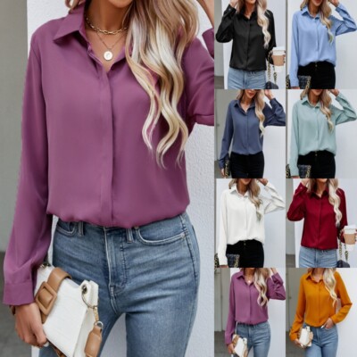 Damen-Langarm-Chiffon-Hemd Lässige Baggy-Bluse Mit Fester Knopfleiste C8