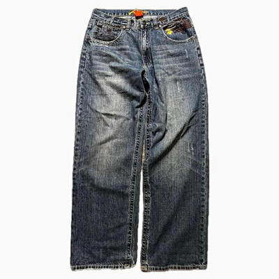 Request Jeans Men's Blue Denim Straight Fit Mid Rise Embroidered Logo Pockets