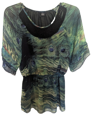 NEW DIRECTIONS Peacock Feather SHEER Lined TUNIC TOP Sz S  GREEN BLUE BLACK (N1)