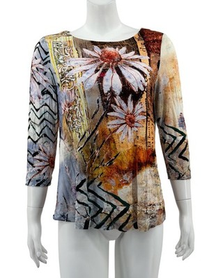 Ali Miles Top Womens Petite Small Tan Floral Embellished Boho Graphic Artsy