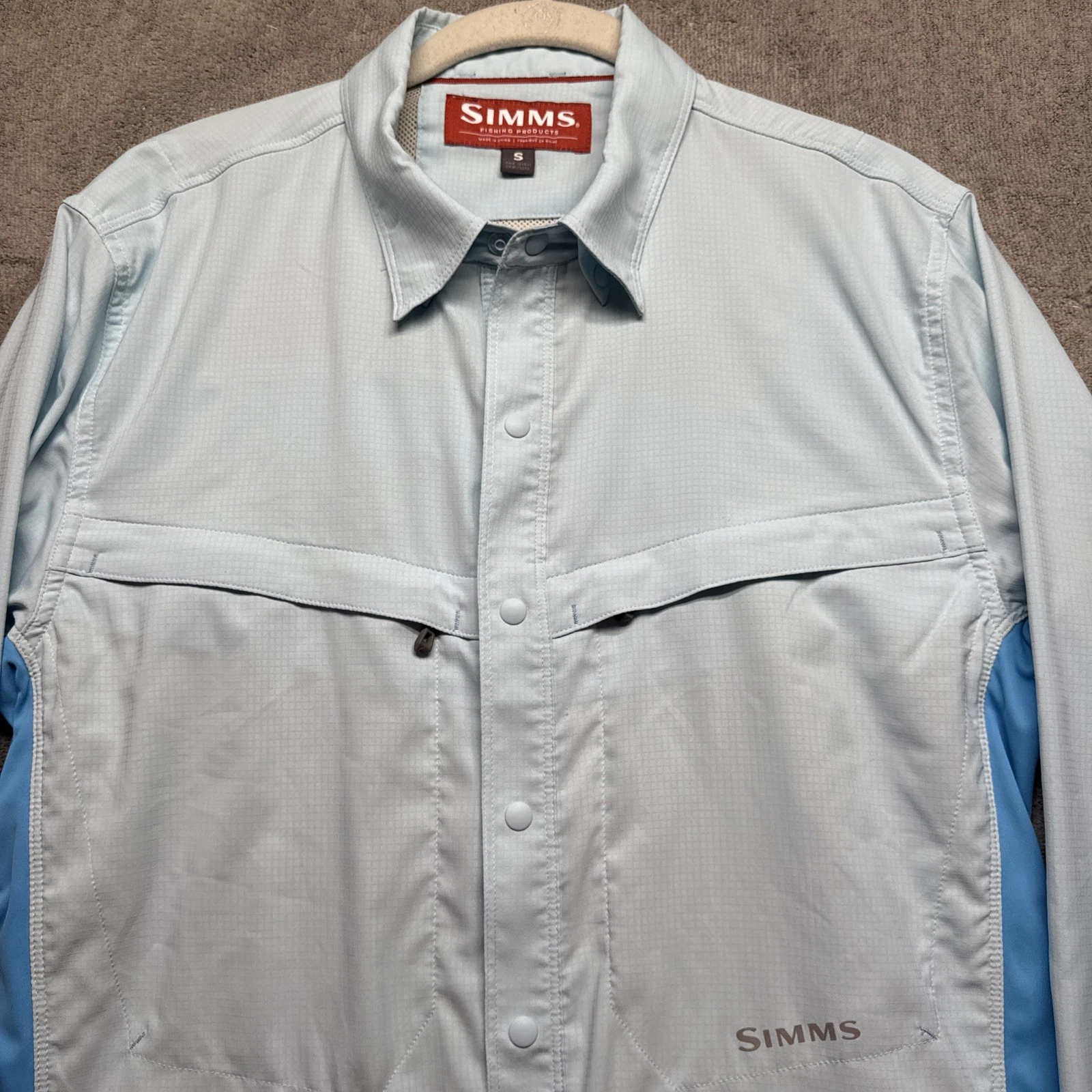 Simms Men’s Blue Long Sleeve Fishing Shirt Small Vented UPF Performance Outdoor