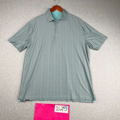 Hickey Freeman Polo Shirt Large Teal Gray Striped Performance Golf Stretch Mens