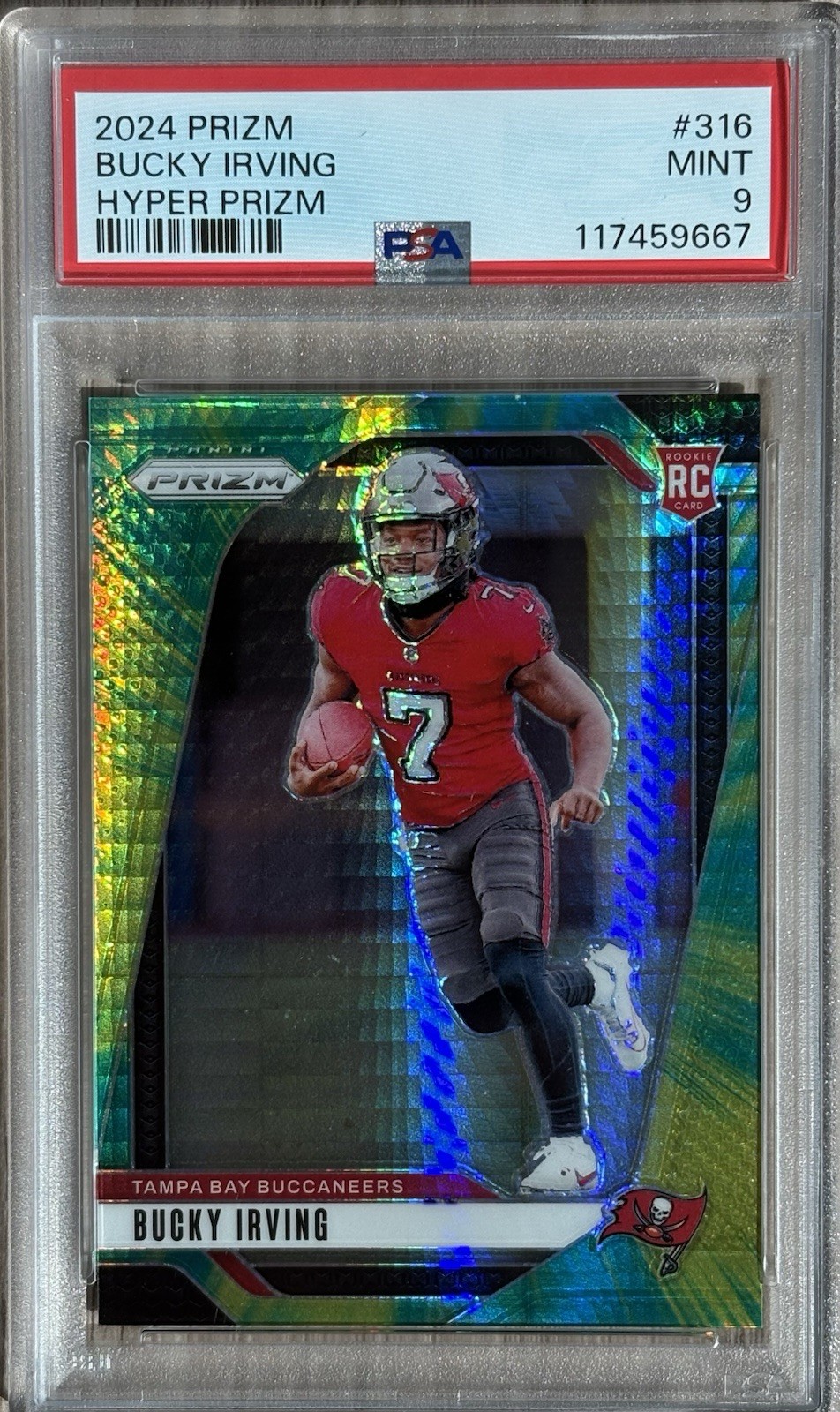 Bucky Irving 2024 Panini Prizm #316 Hyper Prizm SP #’d /180 PSA MINT 9 Bucs