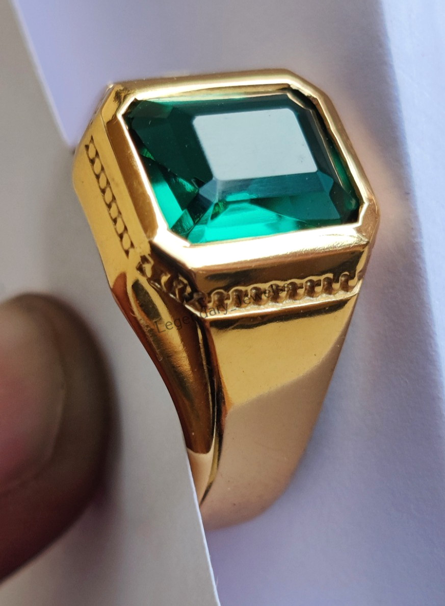 Men's 14K Solid Yellow Gold With Green Emerald Gemstone Ring Engagement Ring