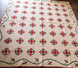 Antique 1925 TURKEY RED Green Oak Reel Applique Quilt Ohio Signed Dense Grid WOW
