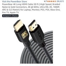PowerBear 4K Long HDMI Cable 50 ft  High Speed, Braided Nylon  Gold Connectors
