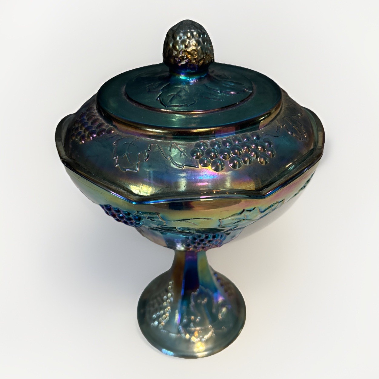 Vintage Indiana Blue Carnival Glass Harvest Grape Pedestal Compote Dish With Lid
