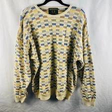 Tosani Men's Vintage 100% Cotton Pullover Crewneck Geometric Sweater Large