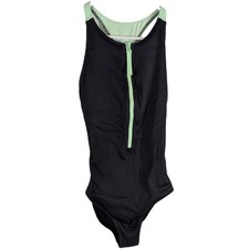 Fabletics One Piece Womens Small Swimsuit Zip Front Black Green Racerback Ribbed