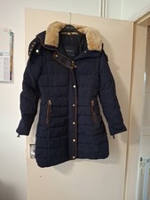 Zara- Warm Navy Padded Coat With Fur Neckline And Optional Hood- Size M