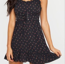 PrettyLittleThing Black Ditsy Rose Corset Mini Dress UK 6 XS Lace Up NWOT