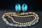 Vintage Costume Jewelry Lot Brilliant Blue Rhinestones Bracelet Earrings