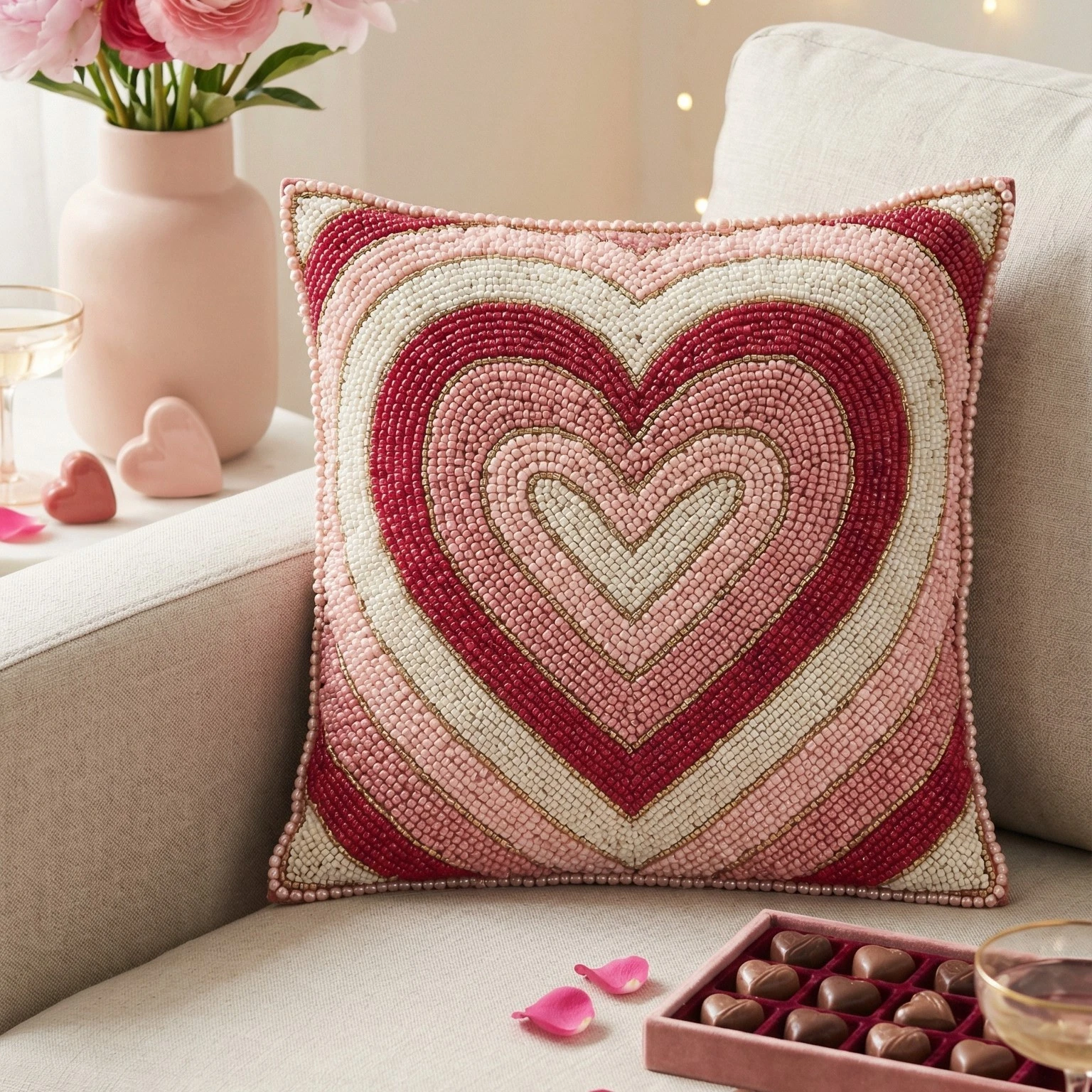 Beaded Heart Throw Pillow Cover | Romantic Pink & Red Valentines Decorative Cush
Opens in a new wind