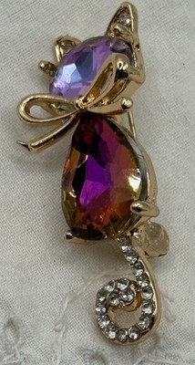 Gorgeous Colors Kitty Cat Bow On It s Neck Large & Small RStones Brooch Pin