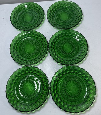 Lot Of 6 Emerald  Green Vintage salad plates anchor hocking hobnail 6 1/2''
