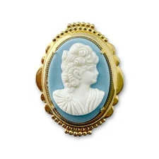 Vintage Victorian Revival Blue Cameo Resin Oval Brooch Goldtone