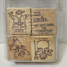Set of 4 Wood Mounted Rubber Stamps - Christmas - Santa, To From, Angel, Snowman