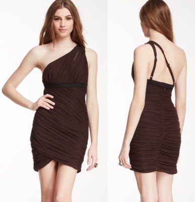 BCBG Maxazria Stretch Ruched Mesh One Shoulder Chocolate Brown Dress M $358  | eBay