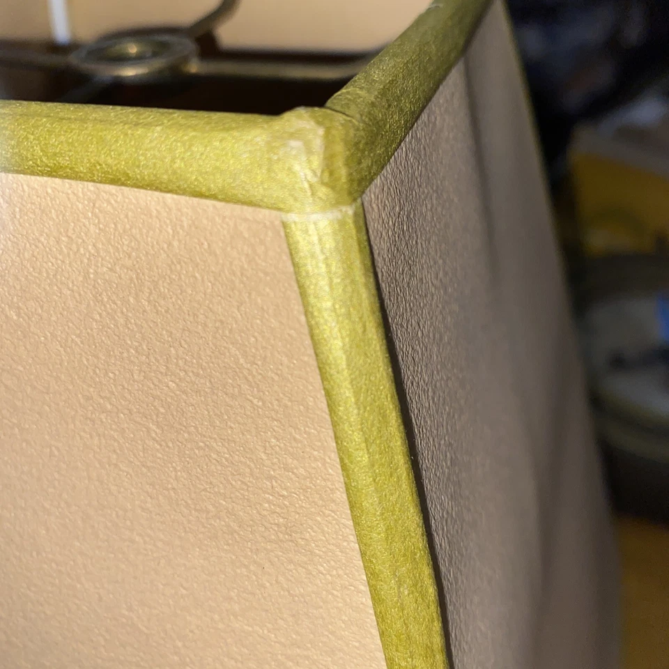 LAMPSHADES PAIR Mission, 10.5”x10”x5” Textured Paper Light Olive Trim Bell - Image 4 of 4