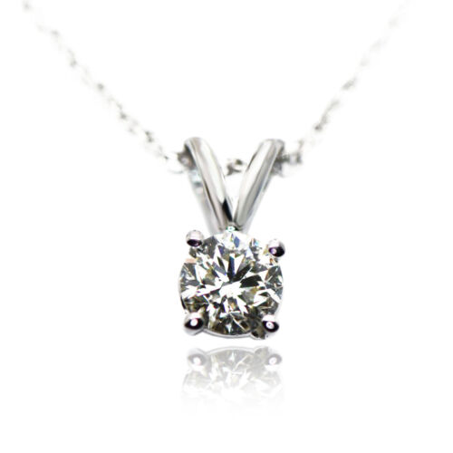Collier pendentif solitaire diamant forme ronde or blanc 14 carats H VVS2 0,74 CT - Photo 1/7