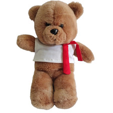 Brown Teddy Stuffed Bear 11 inch Plastic Eyes Nose White Shirt Red Ribbon