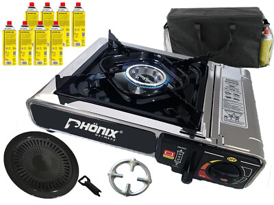 Phönix PC-20 Edelstahl Gaskocher Campingkocher + Grillaufsatz + 8x Gaskartuschen