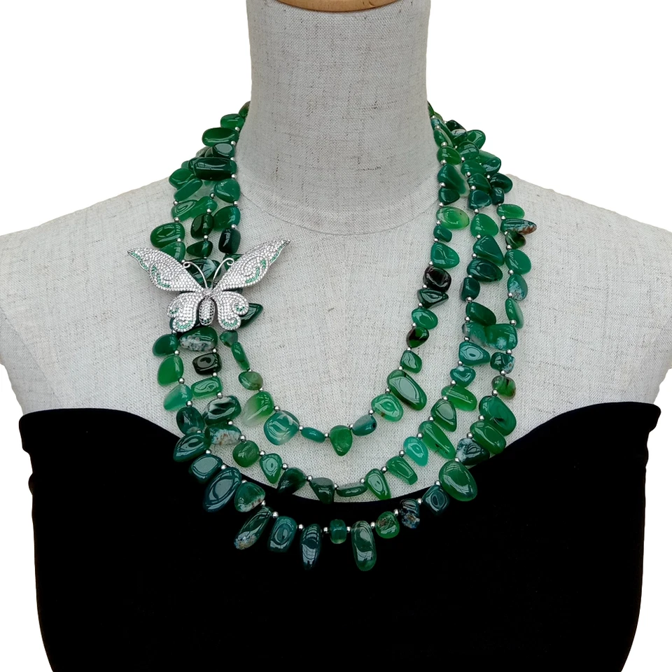 20" 3 Strands Green Agate Cubic Zirconia Pave Butterfly Necklace - Image 2 of 4