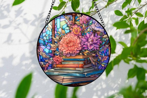 Books and Peonies Suncatcher, Stained Glass Floral Art, Book Lover Window Decor - Bild 5 von 12