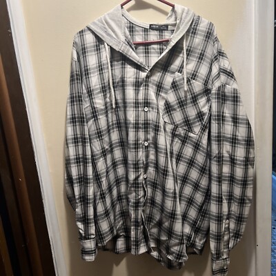 Men s Button Down Shirt w/Gray Hood Attached, Large, SHEIN 
